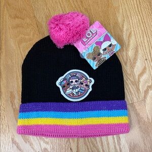 NWT L.O.L. SURPRISE! Black Rainbow Striped Metallic Girls Beanie w Pink Pom-Pom